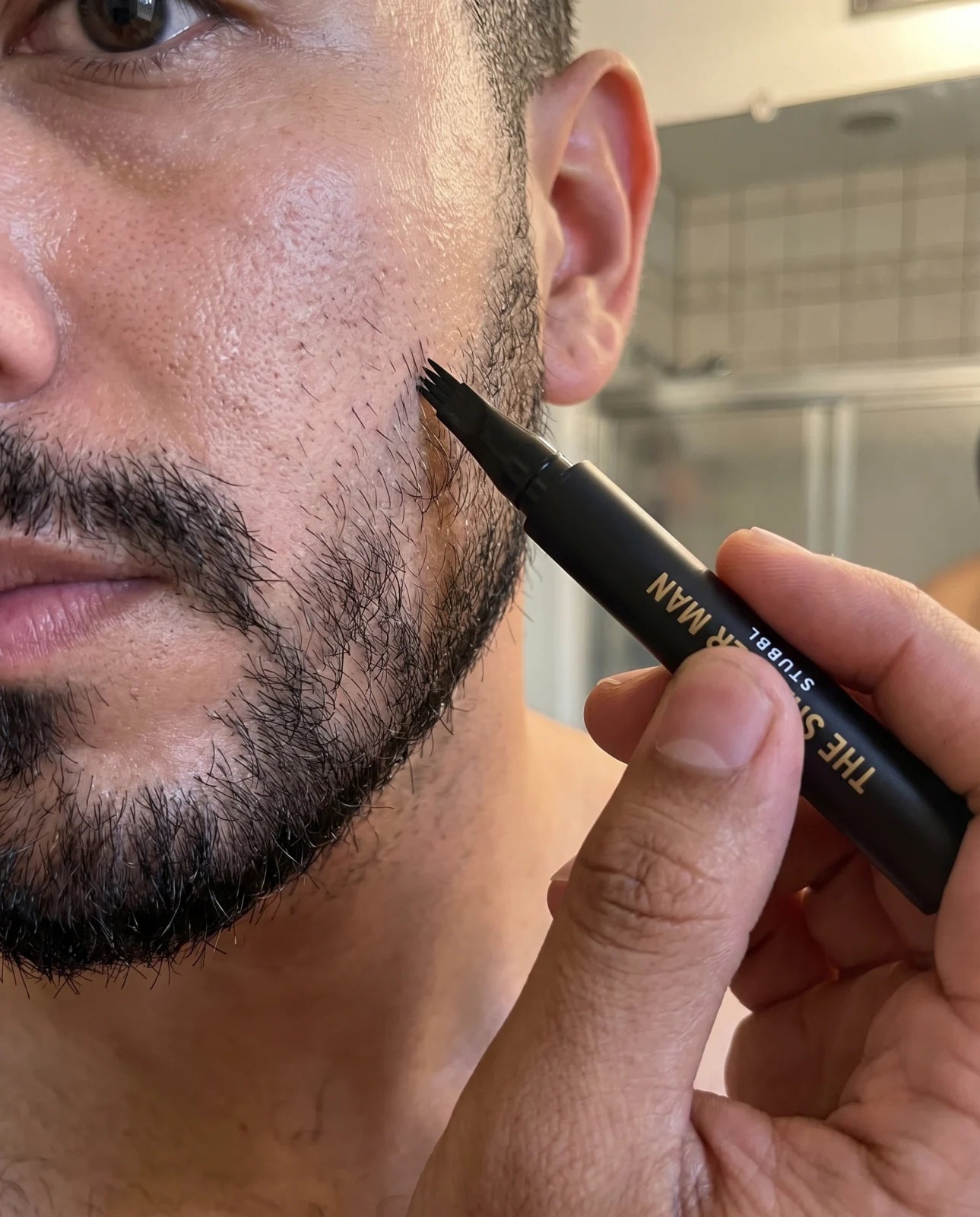 STUBBL beard filler pen in use filling a patchy beard — The Sharper Man