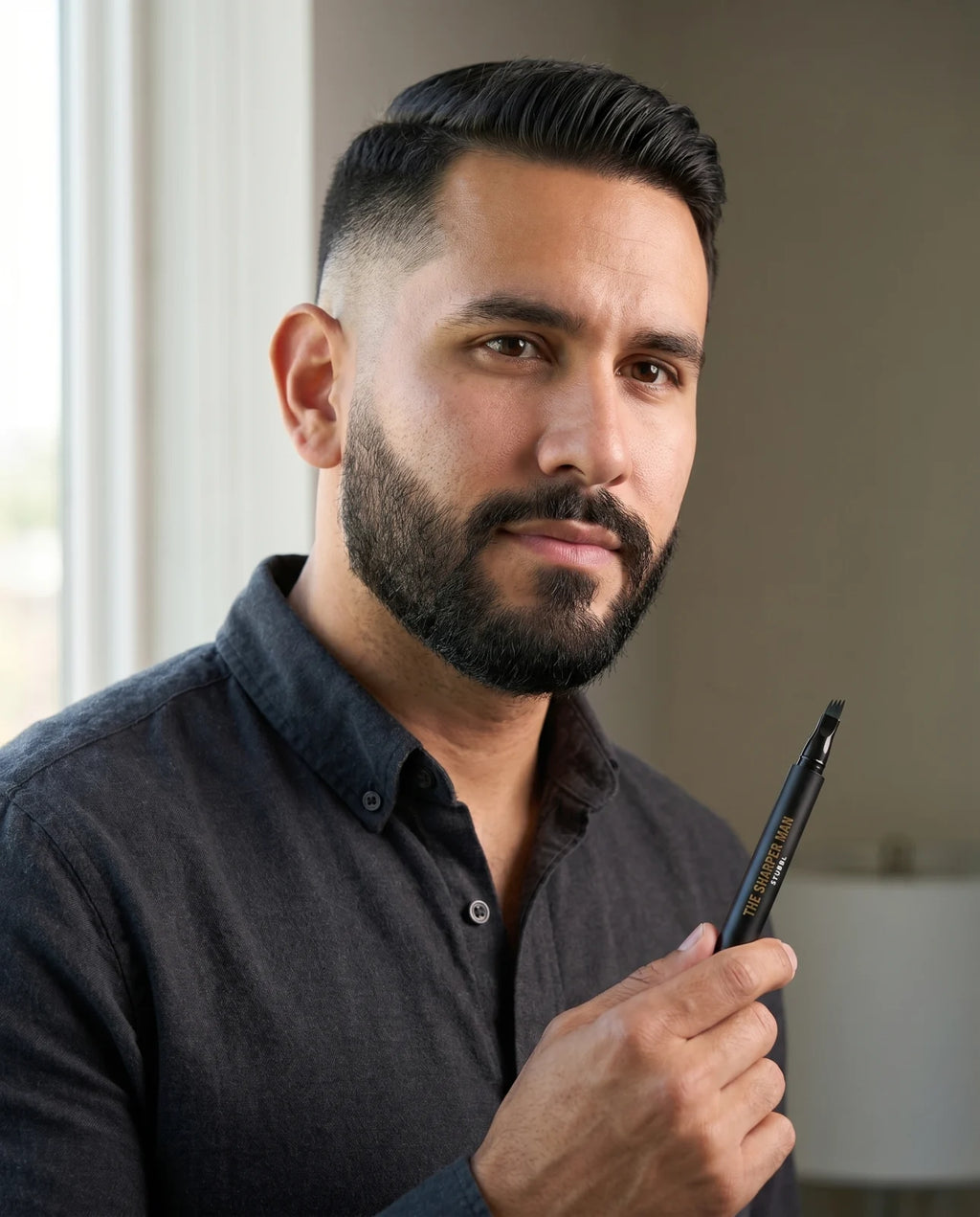 Man with full even beard holding STUBBL pen — The Sharper Man