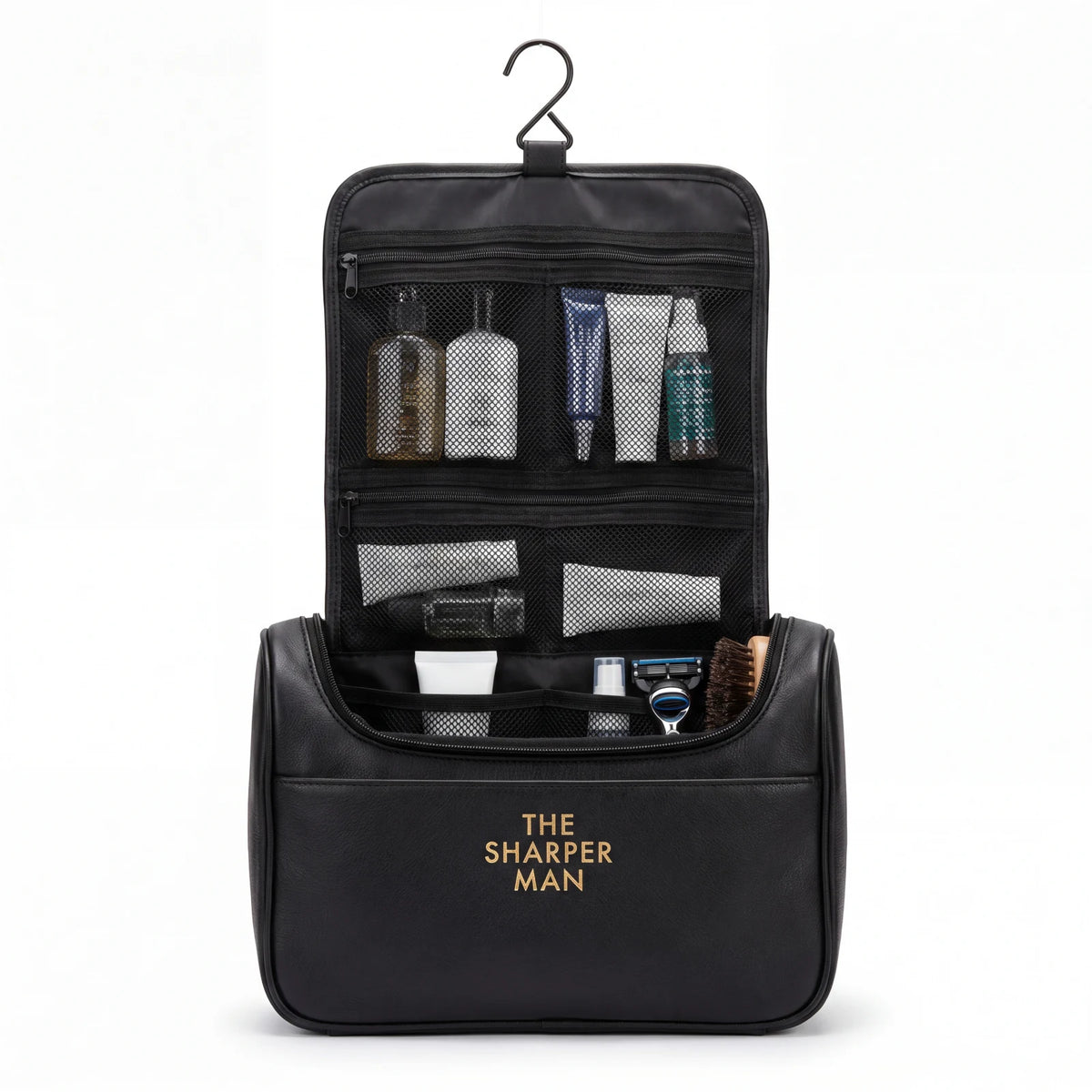 travel toiletry bag for men — hanging 8-compartment grooming organizer — The Sharper Man
