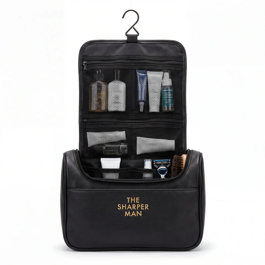travel toiletry bag for men — hanging 8-compartment grooming organizer — The Sharper Man