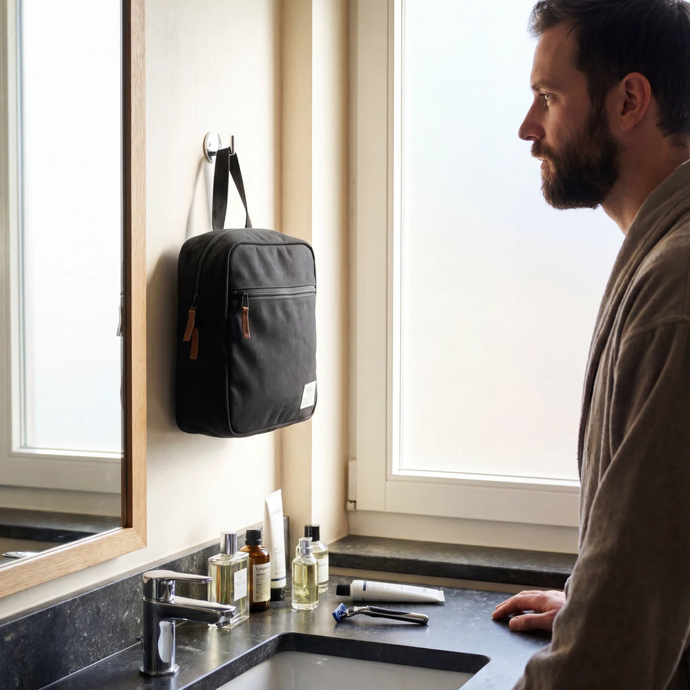 Travel Toiletry Bag for Men — Hanging 8-Compartment in use